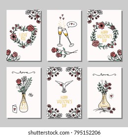 Set of six hand drawn mini cards for Valentine's day, design template with flower bouquets, champagne glasses and hearts