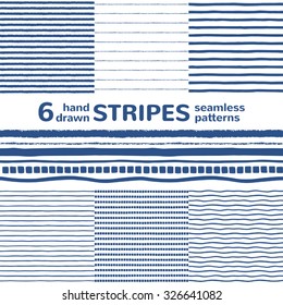 Set of six hand drawn seamless vector patterns with various stripes. Navy blue and white striped background. Rough, uneven edges. Sailor's vest textures. Different streaks backgrounds collection.