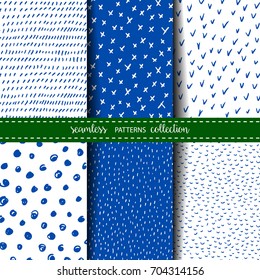Conjunto de seis patrones sin costura dibujados a mano. Antecedentes vectoriales repetibles de texturas simples y primitivas con puntos, rayas, cruces. Azul y blanco