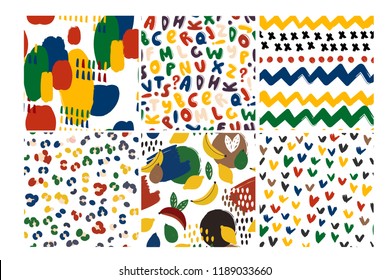 Set of six hand drawn vector seamless patterns