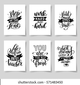 set of six hand written lettering positive inspirational quote posters about life A4 format, modern calligraphy vector illustration collection