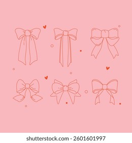 A set of six hand-drawn bows on a pink background. Linear style, red outline. A decorative, cute, and romantic element for design, greeting cards, packaging, and textiles.
