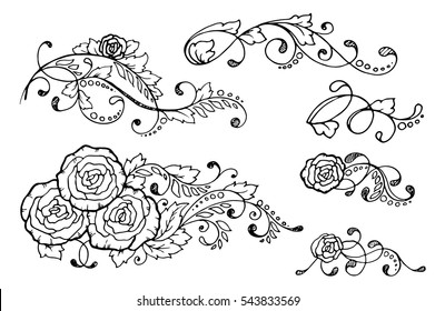 Set of six hand-drawn calligraphic floral design elements and page decoration. Vector illustration with roses.