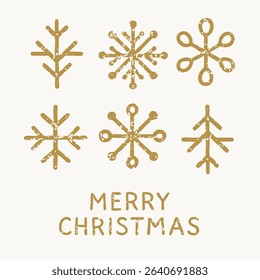 Set of six hand-drawn Christmas snowflakes and pine twigs with grunge gold texture and "Merry Christmas" lettering. Minimalist vintage holiday illustration for cards, prints, posters, and winter decor