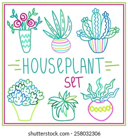 Set of six hand-drawn colorful doodle outline houseplants in pots. Succulents, roses, aloe, agave, cactus