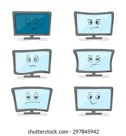 Set of six hand-drawn computer monitors with funny faces on display. Specific time of workday has specific emotion on face. Mood during work day concept