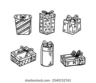 Set of six hand-drawn doodle gift boxes in various shapes and sizes.