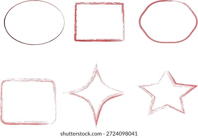  Conjunto de seis Formas geométricas dibujadas a mano con un trazo de pincel texturizado de color rosa rojizo. Ilustración vectorial