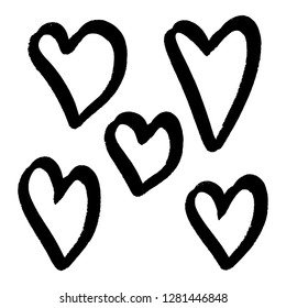 Set of six handdrawn heart. Handdrawn rough marker hearts isolated on white background. Vector illustration for your graphic design.