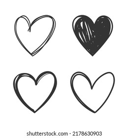 Set of six handdrawn heart. Handdrawn rough marker hearts isolated on white background. Vector illustration for your graphic design