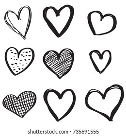 Set of six handdrawn heart. Handdrawn rough marker hearts isolated on white background. Vector illustration for your graphic design.