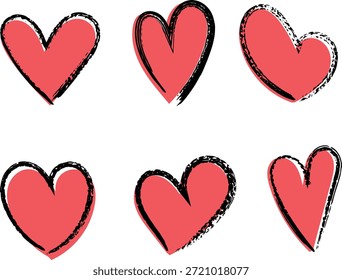 Un conjunto de seis corazones dibujados a mano con una estética áspera y esquemática en rojo y negro, perfecto para diseños románticos o grunge únicos.