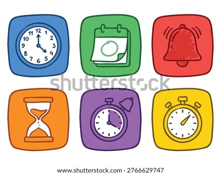 A set of six hand-drawn icons representing different aspects of time and scheduling.