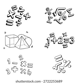Conjunto de SEIS clusters de ícones matemáticos desenhados à mão, incluindo formas 3D, números e símbolos. Ideal para infográficos educacionais, materiais escolares primários e cartazes de matemática criativos.