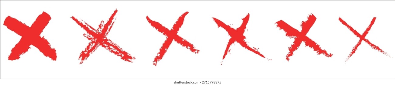 Set of Six Hand-Drawn Red Grunge Cross Marks. Various Scribbled and Brush Stroke X Icons. Vector Collection of Rough Rejection, Delete, or Correction Symbols