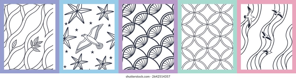 Set of six hand-drawn seamless ocean-themed patterns with shells, fish, birds, and waves. Nautical abstract designs for fabric, wallpaper, and wrapping. Coastal line art in soft colors.