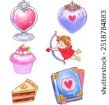 A set of six hand-painted watercolor illustrations featuring Valentine’s Day themes, including hearts, an arrow-wielding cupid, a cupcake, a love letter, and a storybook.