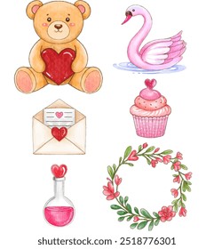 A set of six hand-painted watercolor illustrations perfect for Valentine’s Day designs, featuring a teddy bear with a heart, a swan, an envelope with a heart seal, a cupcake with heart decoration.