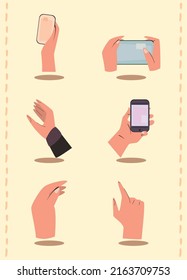set of six hands with smartphones