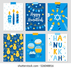 Set of six Hanukkah greeting cards with candles, dreidel, garland, Jewish star, oil, menorah, donut, cupcake, confetti, coins, letters. Perfect for Festival of Lights invitation, Jewish greeting cards