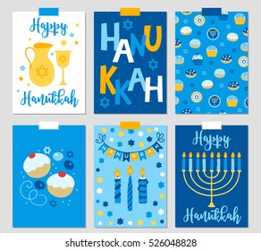 Set of six Hanukkah greeting cards with menorah, oil, Jewish star, cupcakes, sufganiyah, donuts, garland, candles. Perfect for Festival of Lights invitations, Jewish greeting cards, decorations