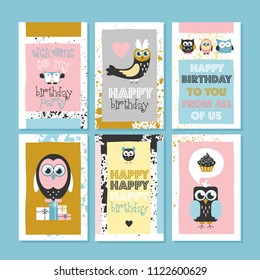 set of six happy birthday card design. vector illustration