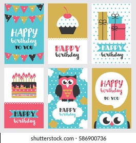 set of six happy birthday card design. vector illustration