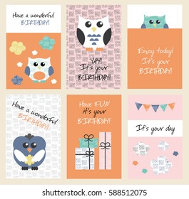 set of six happy birthday card design. vector illustration
