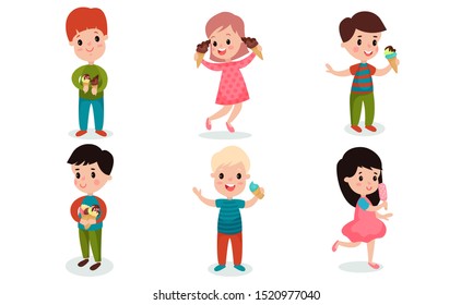 Set With Six Happy Children With Ice Cream Vector Illustrations Cartoon Characters