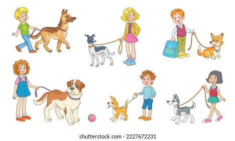 Set of six happy children with their dogs. In cartoon style. Isolated on white background. Vector illustration