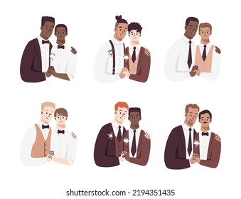 Set six happy wedding gay couples  Fiancés hug   hold each other hands  Vector illustration isolated white background  2of 3
