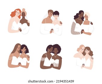 Set six happy wedding gay couples  Brides hug   hold each other hands  Vector illustration isolated white background  3 3