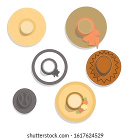 Set Of Six Hats, Top View. Vector Illustration.