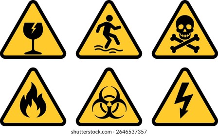 Set of six hazard warning icons. fragile glass, slippery surface, toxic skull, flammable fire, biohazard symbol, high voltage lightning. safety signs