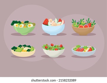 set of six healthy salads