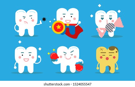 Set Of Six Healthy Teeth Concept Vector Illustrations Cartoon Characters