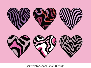 Set of six heart illustrations with bold zebra and wavy animal print patterns in purple, pink, red and black tones, on a pastel pink background. Playful, modern and trendy vector art.
