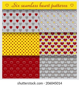 Set of six heart shape vector patterns. Endless texture can be used for web design, printing onto fabric and paper or scrapbooking. Red, yellow and gray colors. Swatches included