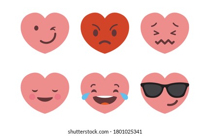 Set of six heart shaped emoticons. Vector emoji heads in the shape of hearts with different emotions on the face. Icons isolated on white background