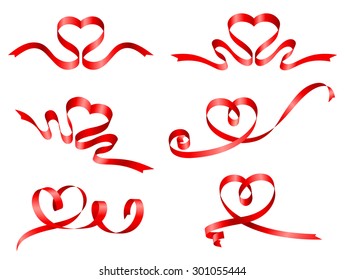A set of six heart shaped Red ribbons
