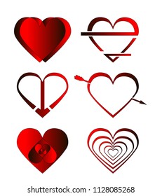 a set of six hearts of different shapes