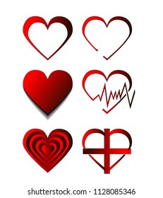 a set of six hearts of different shapes