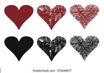 Set of six hearts, red and black