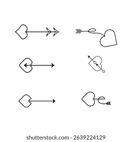 Set of six heart-shaped arrow illustrations in black outline. Ideal for Valentine's Day, love themes, or creative design projects.