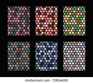 Set of six hexagonal multicolored bright seamless vector patterns on black background