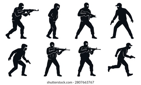 A set of six hijacker silhouette vector illustration on a white background