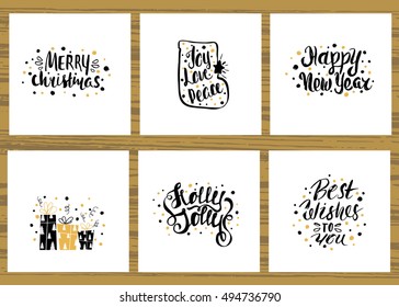 Set of six holidays greeting card with  unique handwritten lettering.  Christmas cards collection. Vector Illustration