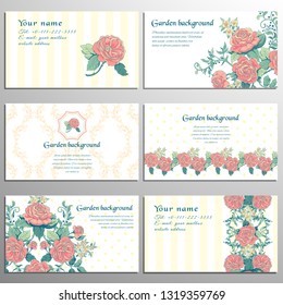 Set of six horizontal business cards with french roses. Striped and polka dots backdrops. Place for your text