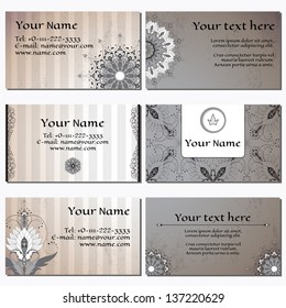 Set of six horizontal business cards.  Vintage floral oriental pattern, border and strips. Made old surface.  Complied with the standard sizes.