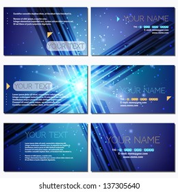 Set of six horizontal business cards. Abstract glowing figure, stars, sparkles. Complied with the standard sizes.